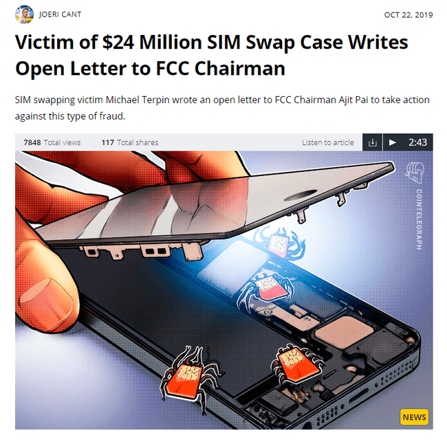2,400 만 달러의 피해자 SIM 스왑 케이스를 쓴 헤드 라인 뉴스 기사, FCC 회장에게 공개 서한 작성